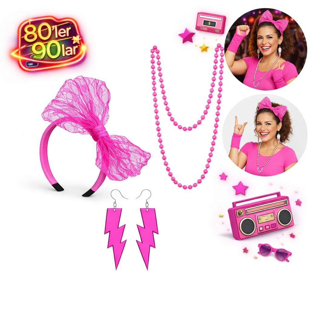 80’ler 90’lar Neon Pembe Parti Seti – Kolye Küpe Taç (5643)