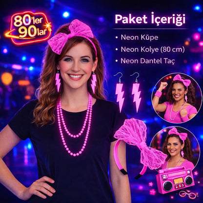 80’ler 90’lar Neon Pembe Parti Seti – Kolye Küpe Taç (5643)