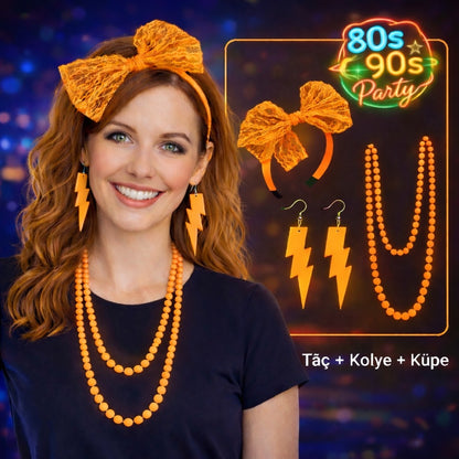 80’ler 90’lar Neon Turuncu Parti Seti – Kolye Küpe Taç (5643)