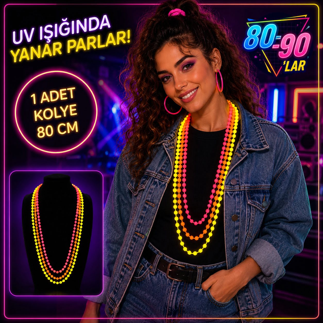 80'ler 90'lar UV Glow Parti Kolyesi 3'lü Set (5643)