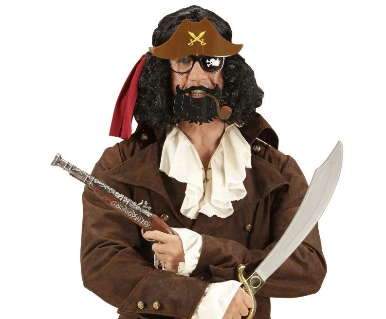 Kahve Renk Şapkalı Siyah Sakallı Pipolu Jack Sparrow Denizci Korsan Gözlüğü 24x25 cm