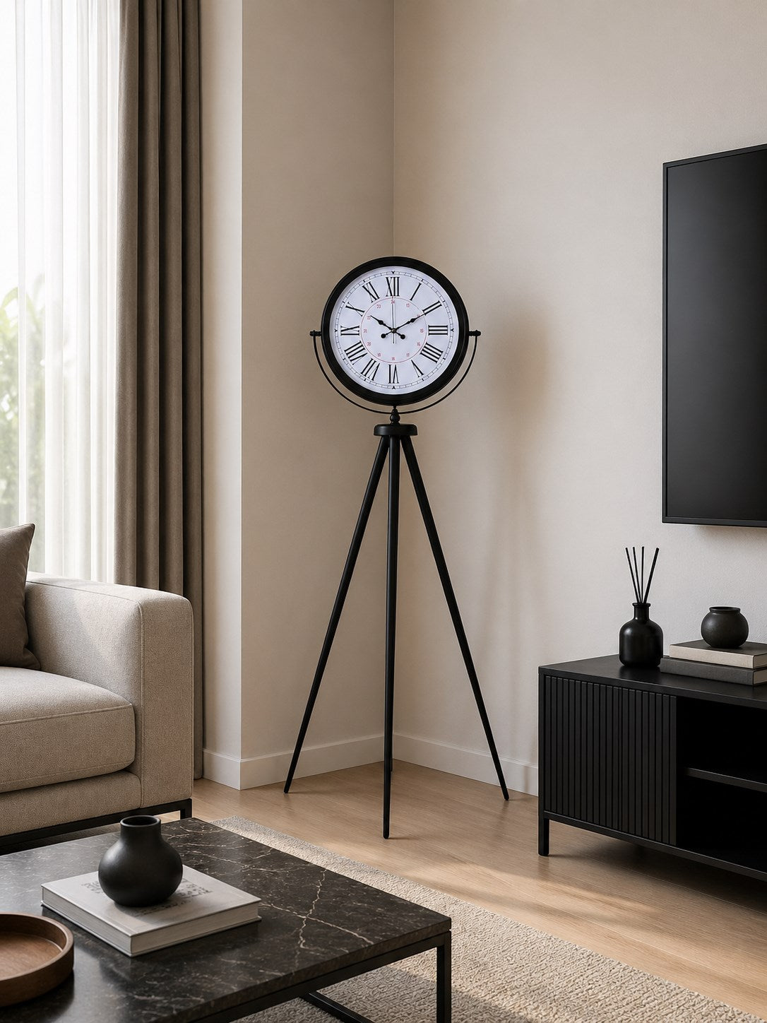 Siyah Roma Rakamlı Lüks Tasarım Tripod Ayaklı Saat