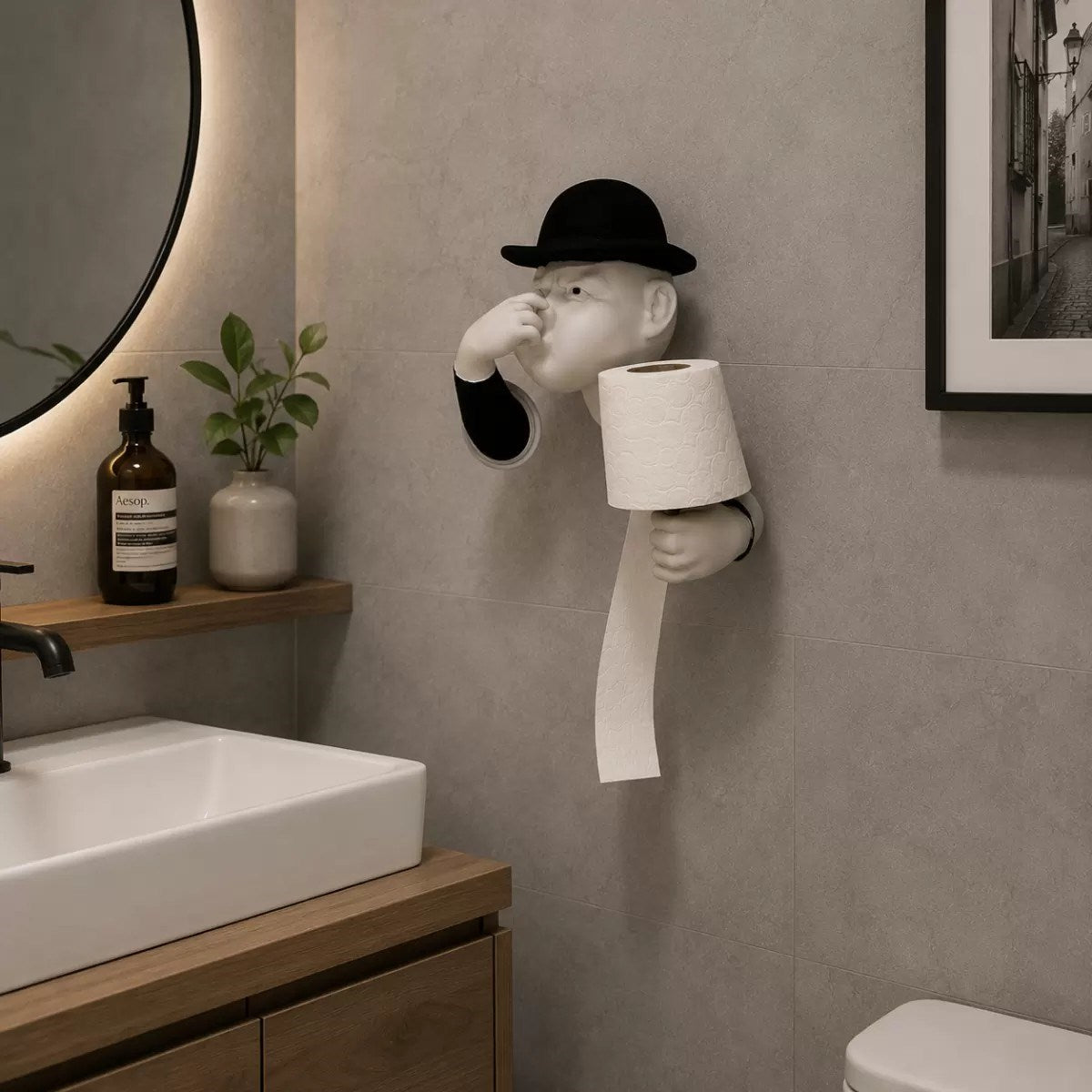 3d İnsan Figürlü Tuvalet Kağıdı Askılığı – Eğlenceli Banyo Dekoru Siyah