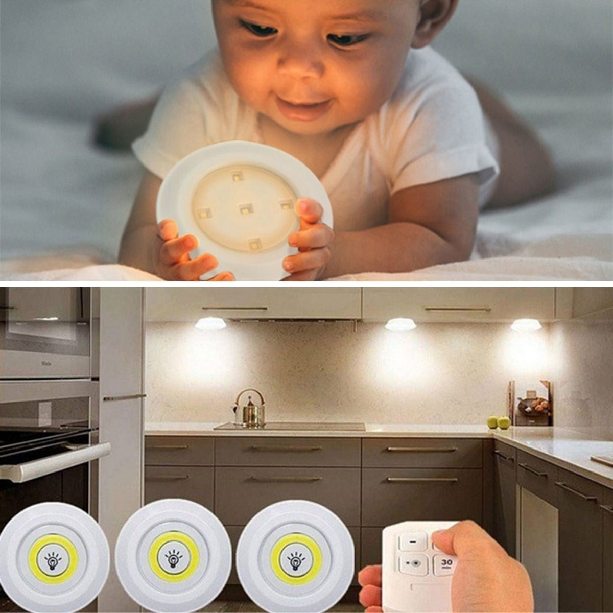 BUFFER® 3lü Uzaktan Kumandalı Pilli Yapışkanlı Kablosuz Led Spot Lambalar