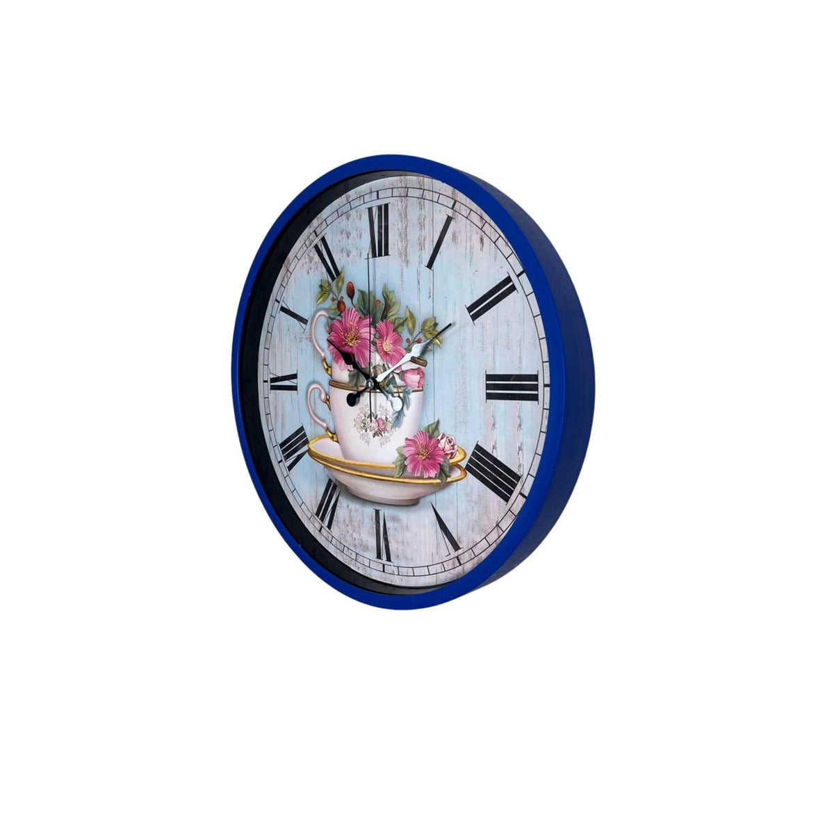 Lacivert Çiçek Desenli 36 Cm Duvar Saati