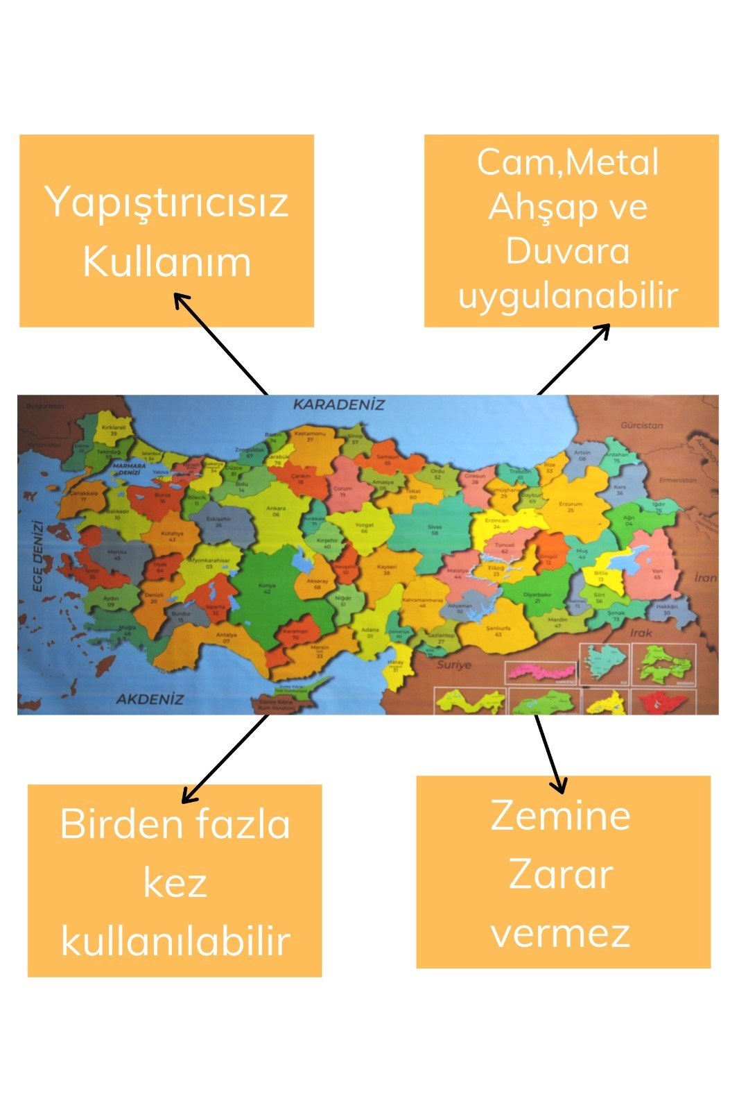 BUFFER® Renkli Türkiye Haritası Manyetik Yapıştırıcı Gerektirmeyen Duvar Stickerı 118 CM * 56 CM
