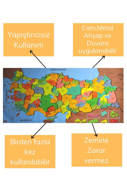BUFFER® Renkli Türkiye Haritası Manyetik Yapıştırıcı Gerektirmeyen Duvar Stickerı 118 CM * 56 CM