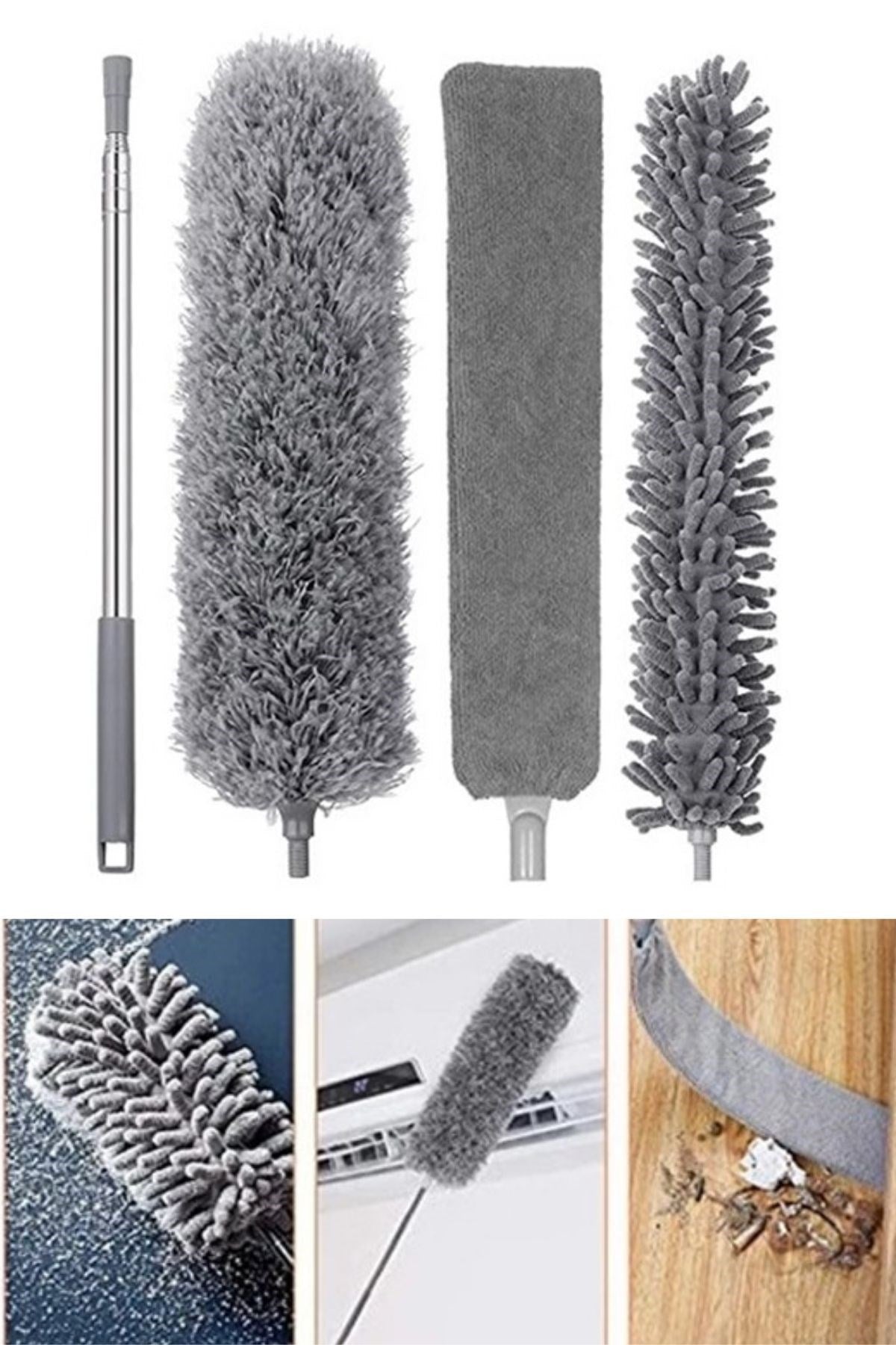 BUFFER® Teleskopik 3'lü Mop Toz Alma Püskülü Çok Fonksiyonlu Temizlik Seti