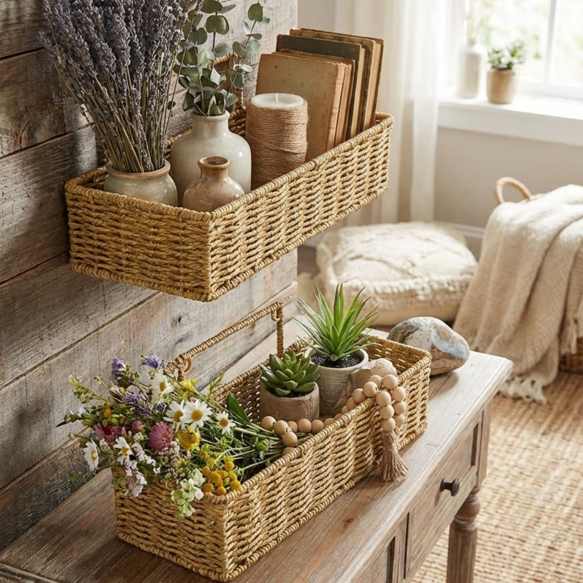 BUFFER® 2’li Duvar Askılı Plastik Rattan Organizer – Dikdörtgen Hasır Görünümlü Mutfak Raf Sepeti, Banyo ve Ev İçi Düzenleme Ünitesi