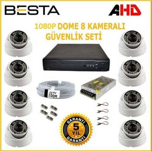 2Mp Ahd 1080P Gece Görüşlü 8 Kameralı Dome Güvenlik Sistemi (1TB HDD)