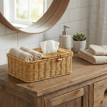 BUFFER® Bölmeli Kapaklı Doğal Rattan Görünümlü Hasır Makyaj, Takı ve Havlu Düzenleyici – Peçetelikli Çok Amaçlı Masaüstü Organizer Sepet