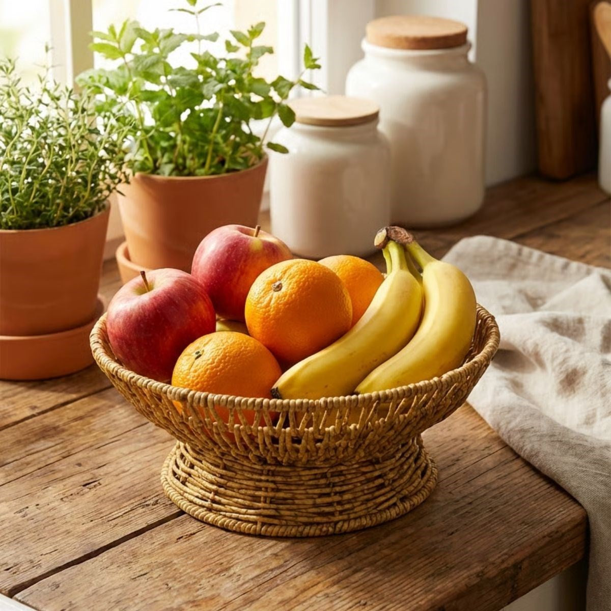 BUFFER® 28 cm Plastik Rattan Servis Çanağı – Doğal Hasır Görünümlü Dekoratif Meyve, Ekmek ve Sunum Kasesi