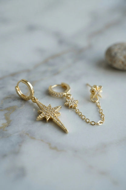 3 lü Set Küpe Gold Renk Zincir Detaylı