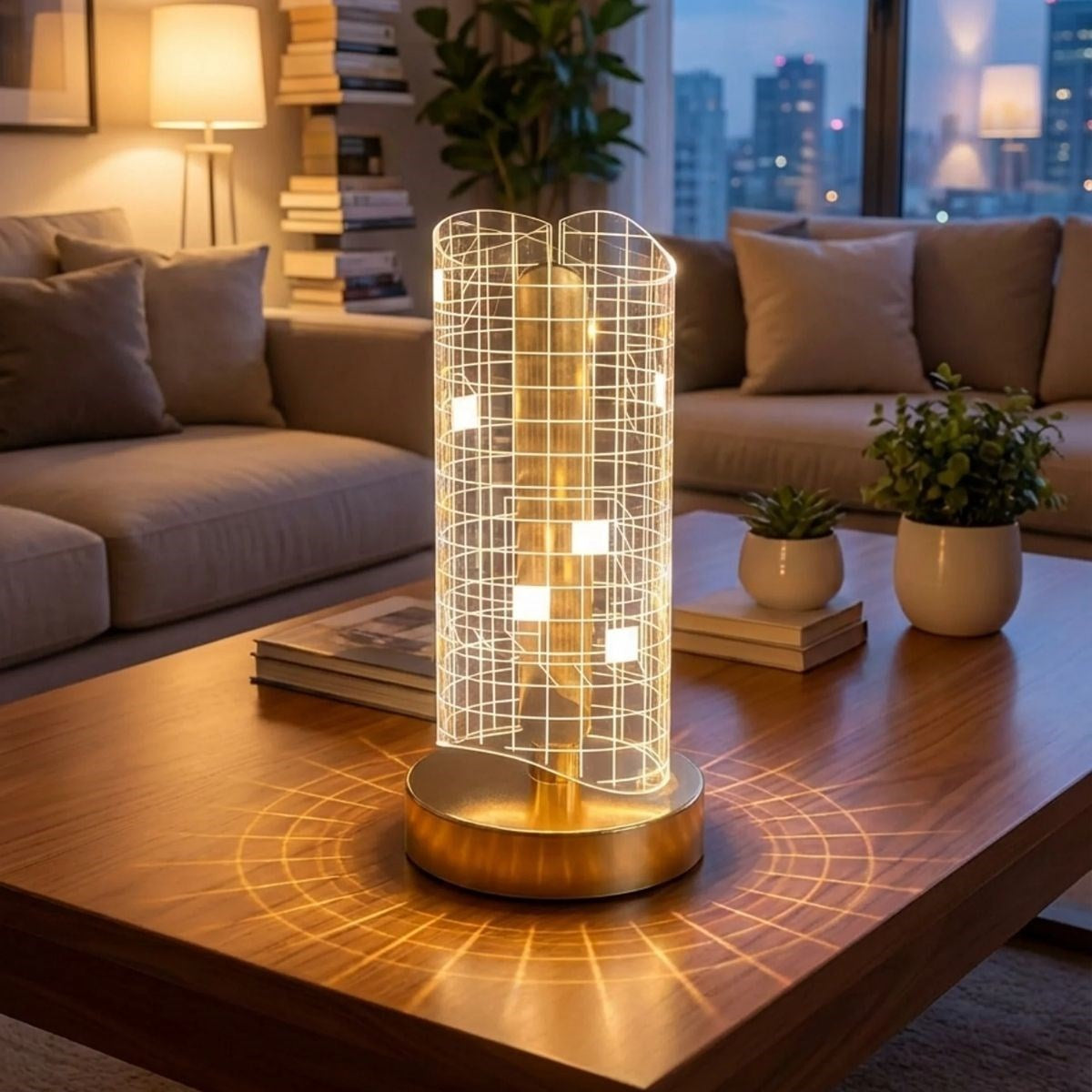 BUFFER® Dalgalı Silindirik Kristal Kareli Model LED Masa Lambası – Gold Tabanlı, Dokunmatik, 3 Renk Işık Modlu, Şarjlı Modern Dekoratif Gece Lambası
