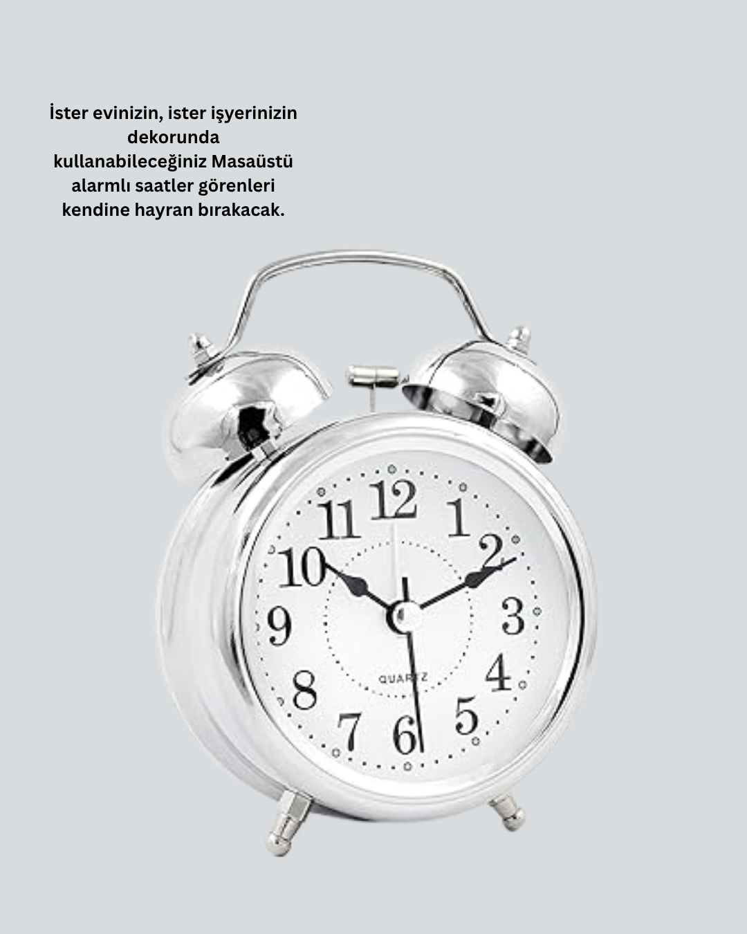 Gümüş Renkli Sessiz Işıklı Dekoratif Masa Üstü Çalar Saat Alarmlı