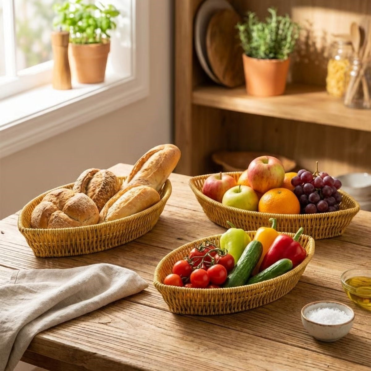 BUFFER® 3’lü Kayık Formlu Plastik Rattan Sepet Seti–Hasır Görünümlü Ekmek, Meyve ve Sunum Sepetleri, Çok Amaçlı Masaüstü Organizer
