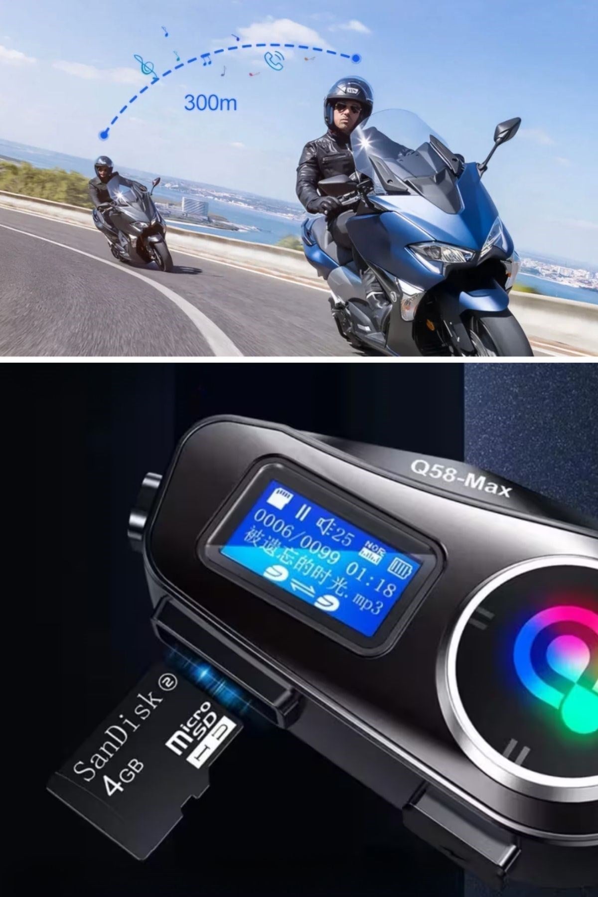 BUFFER® Q58 Motorsikletler İçin Fener Özellikli SD Kart Bölümlü LCD Ekranlı Kablosuz Bluetooth Kulaklıklı – Suya Dayanıklı Kask Kulaklığı
