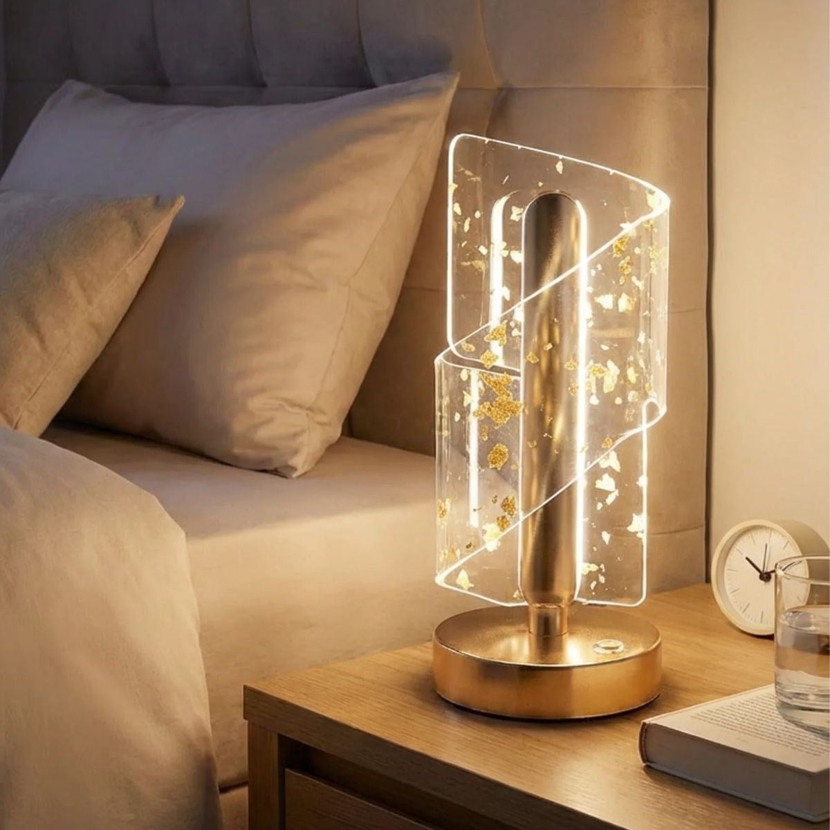 BUFFER® Çapraz Kavisli Kristal Altın Toz Model LED Masa Lambası – Gold Gövdeli, Dokunmatik, 3 Kademe Işık Ayarlı Şarjlı Dekoratif Lamba