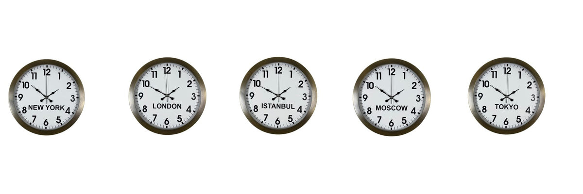 Nostaljik 36 cm Metal Eskitme Dünya Saatleri 5’li Set