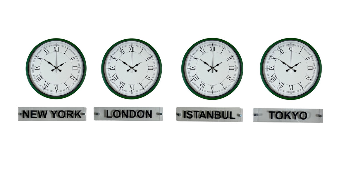 Modern Yeşil 36 Cm 4 lü Tabelalı Dünya Saatleri