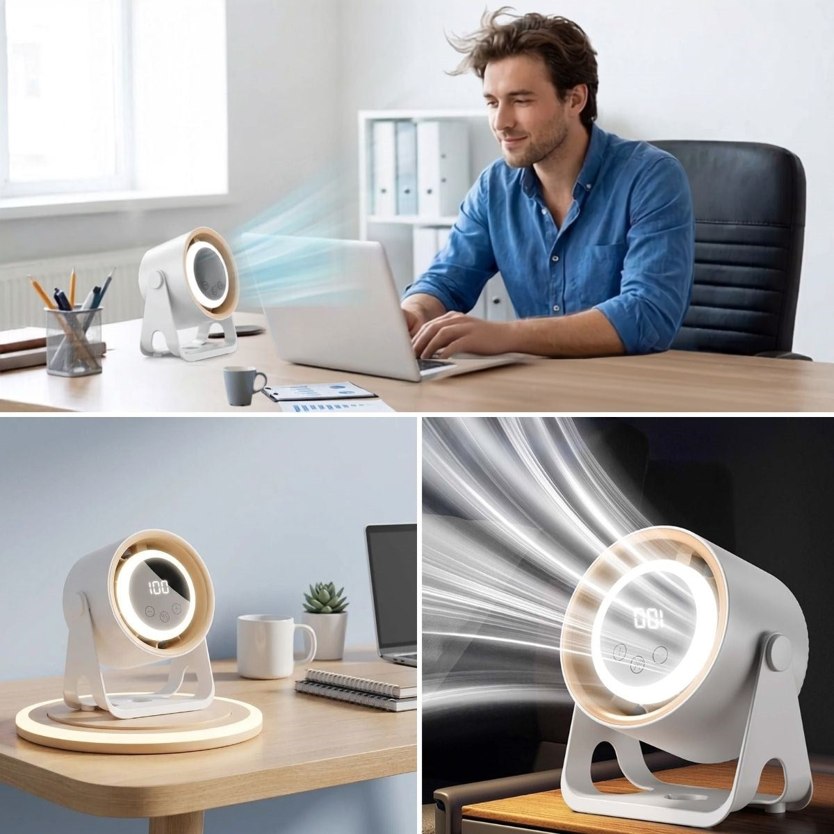 BUFFER® 6 Kademeli Şarjlı Masaüstü Fan – Dijital LED Ekranlı, Oynar Başlıklı, LED Işıklı, Askılı ve Duvara Monte Edilebilir Fan K6