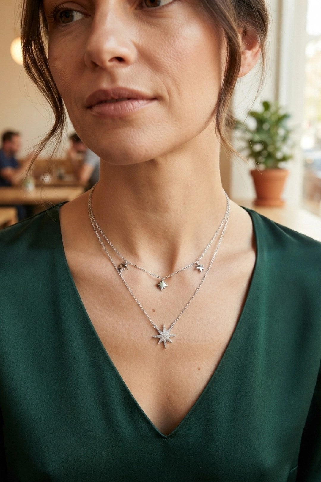 Pirinç Gümüş Renk Zirkon Taşlı Kutup Yıldızı Model 2'li Kadın Kolye