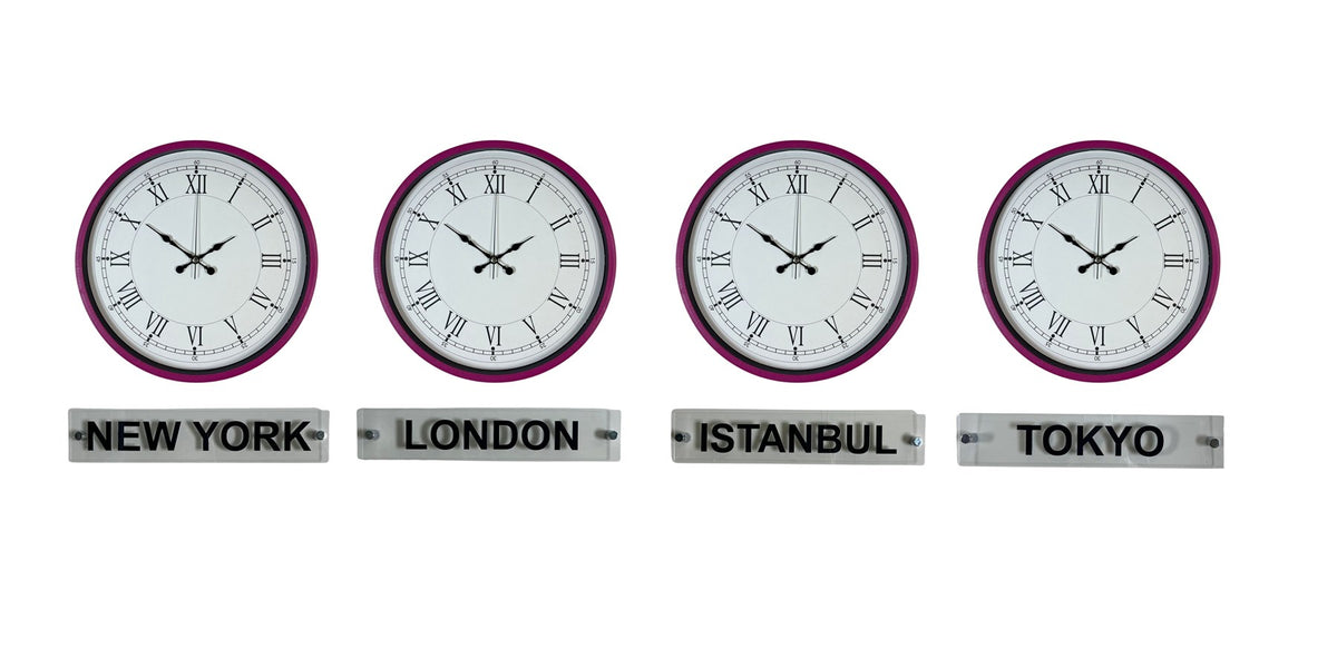 Pembe Modern 36 Cm 4 lü Tabelalı Dünya Saatleri