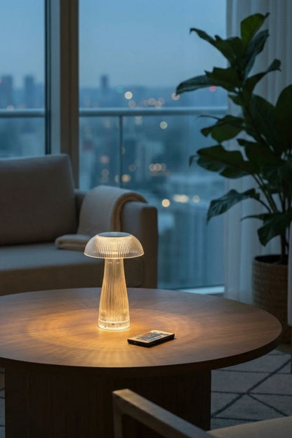 BUFFER® Şeffaf Mantar Model LED Masa Lambası –Kumandalı Şarjlı, Dokunmatik, Rengarek Işık Modlu Dekoratif Gece Lambası