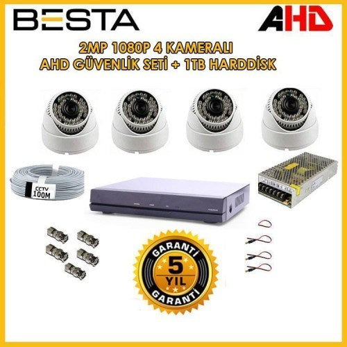 2Mp Ahd 1080P Gece Görüşlü 4 Kameralı Dome Güvenlik Sistemi (1TB HDD)