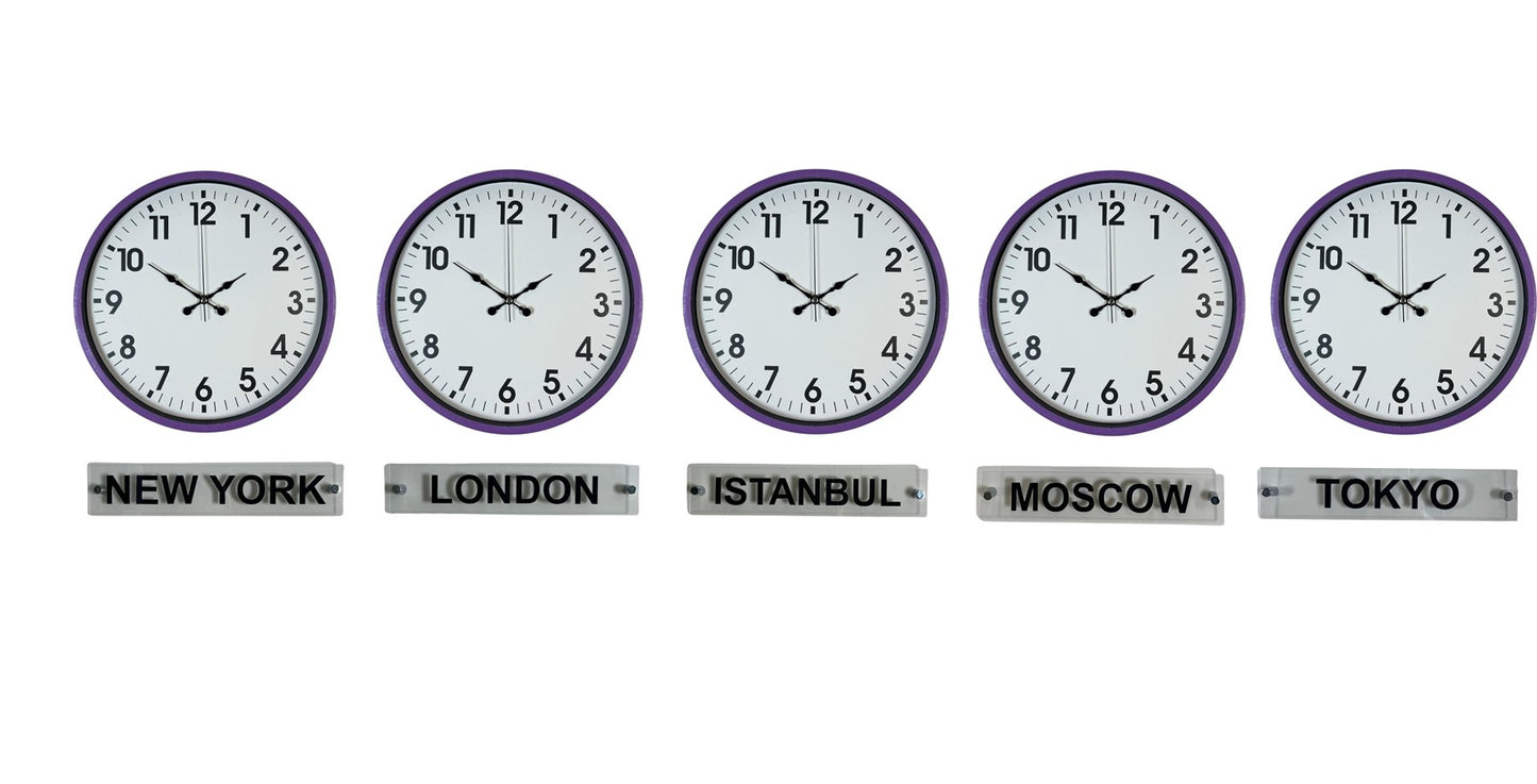 Mor Tabelalı 36 Cm Dünya Saatleri 5 li Set