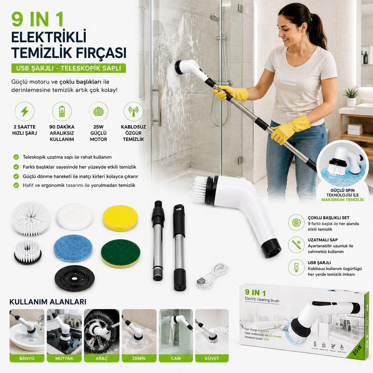 9IN1 25W - KABLOSUZ - HIZLI ŞARJ ELEKTRİKLİ ŞARJLI TEMİZLİK FIRÇASI RZG-2026 (5643)