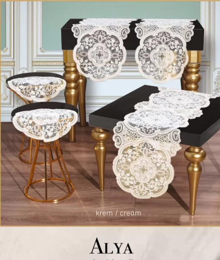 Alya Krem 5 Parça Salon Takımı Dantelli Masa Örtüsü Runner Seti Modern Tasarım