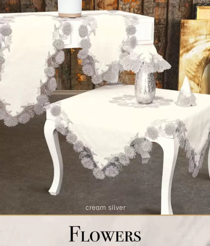 Flowers Model Krem 5 Parça Keten Dantelli Runner Seti Lüks Salon Takımı