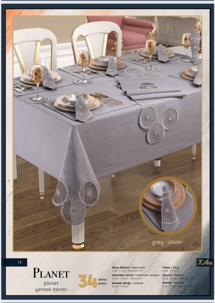Planet Amerikan Servisli Yemek Takımı Masa Seti 8 Kişilik 34 Parça Supla Runner Set 160 × 260 cm
