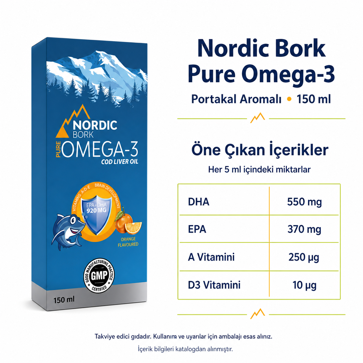 Nordic Bork Pure Omega-3 Portakal Aromalı Sıvı Takviye 150 ml