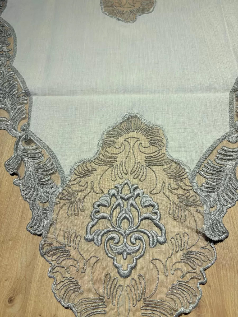 Salon Takımı Çeyizlik Krem Gri Runner Set 5 Parça Keten Masa Örtüsü Runneri Evalina