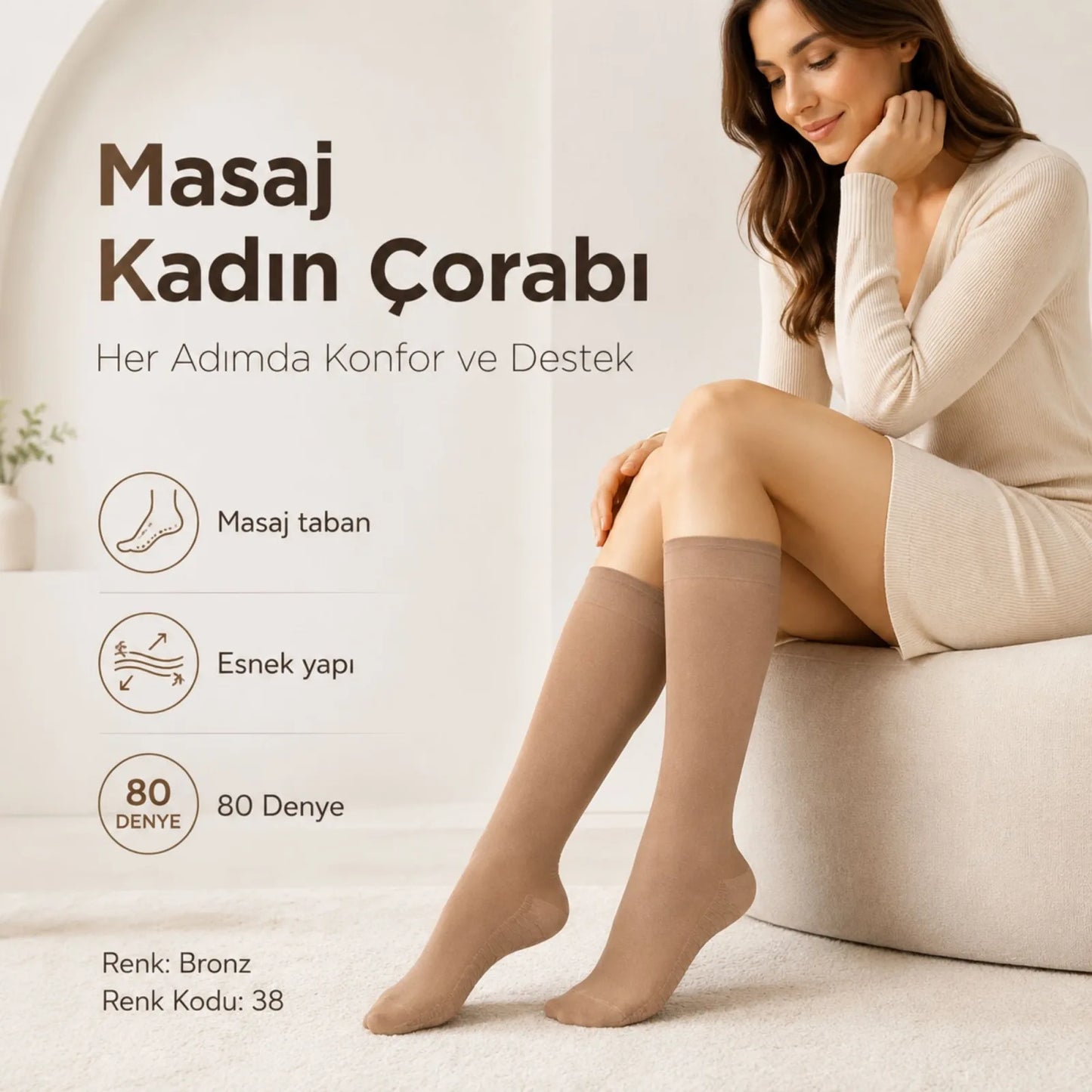 Kadın 4'lü Set Anne Masaj Tabanlı Dizaltı Çorap 80 Denye Esnek Rahat Günlük Kullanım