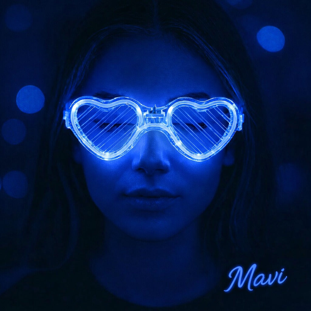 Mavi LED Işıklı Kalp Gözlük? 3 Modlu Parti & Glow Gözlüğü