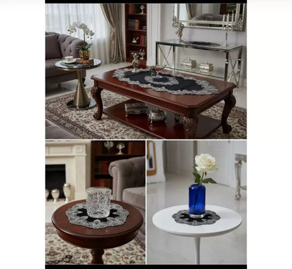 Salon Takımı Siyah Elora Model 5 Parça Velvet Kadife Dantelli Masa Örtüsü Runner Seti