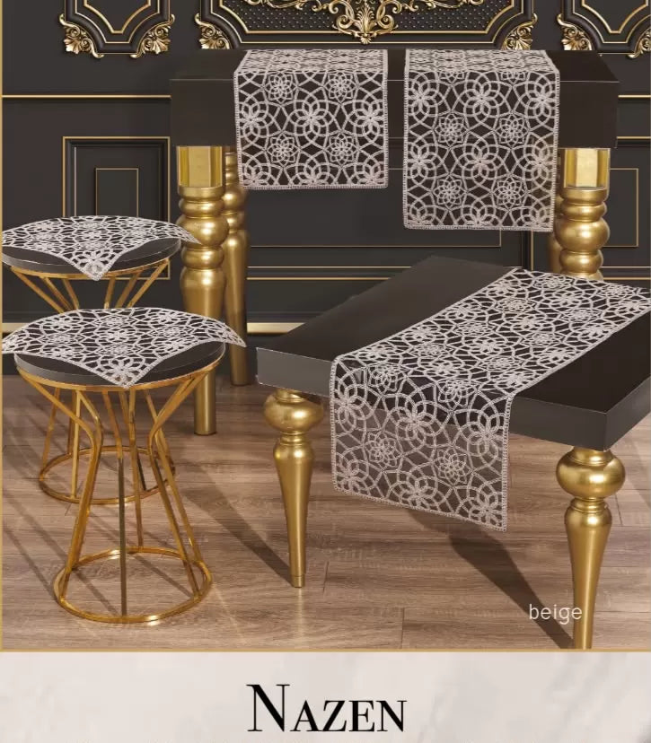 Salon Takımı 5 Parça Tül İşlemeli Masa Örtüsü Runner Seti Çeyizlik Nazen Model No 96584 Bej
