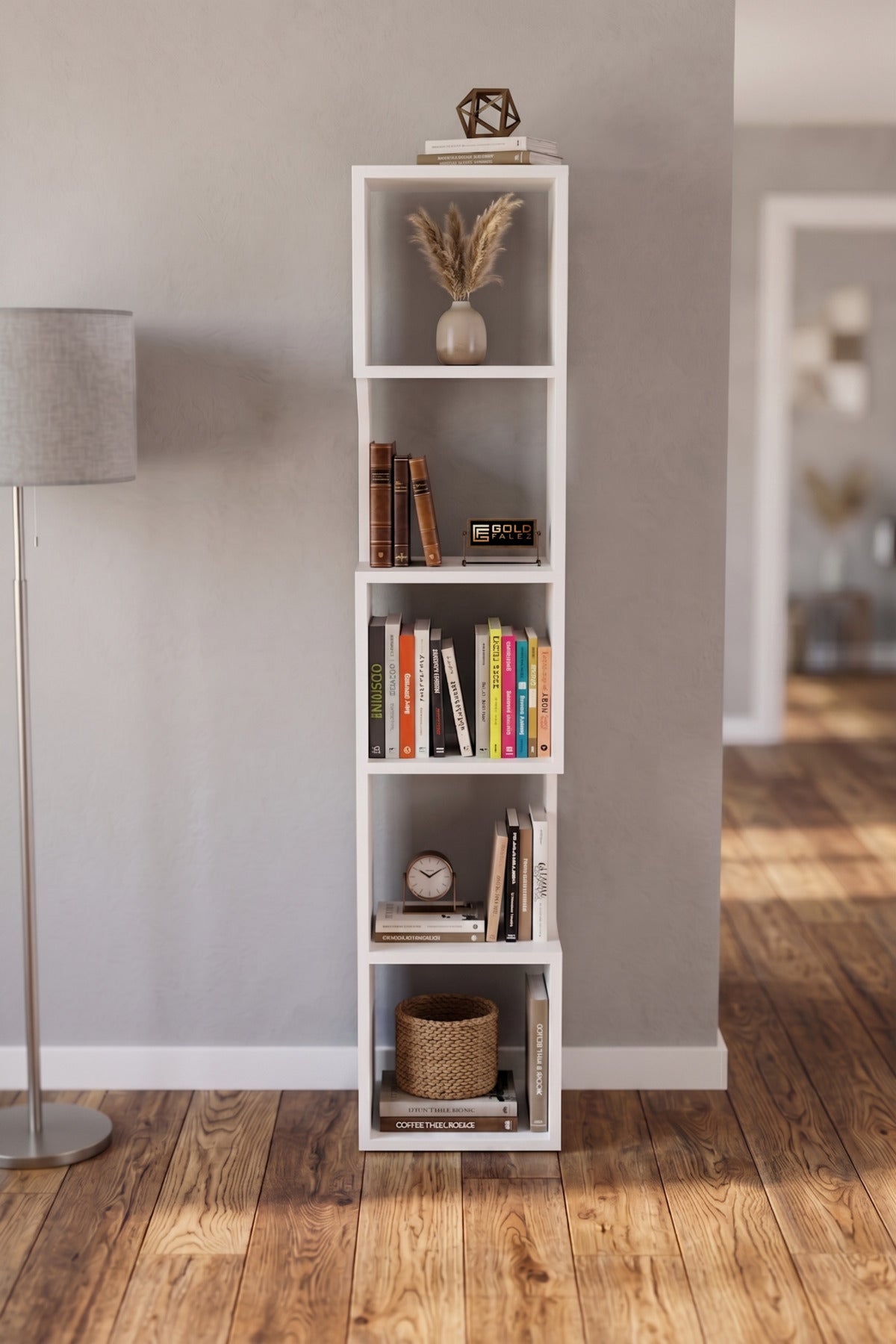Kitaplık Ahşap Dekoratif Raf 5 Katlı Modern Çok Amaçlı Kitaplık Salon Ofis Kitaplığı 7067 Beyaz