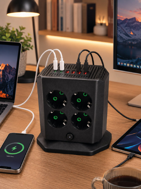 8'li Dikey Çoklu Priz 4 USB 2 Type-C Akım Korumalı Anahtarlı Priz