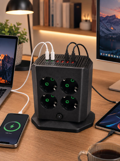8'li Dikey Çoklu Priz 4 USB 2 Type-C Akım Korumalı Anahtarlı Priz