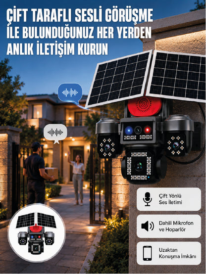 LED Projektörlü Sirenli Güneş Enerjili Akıllı Güvenlik Kamerası