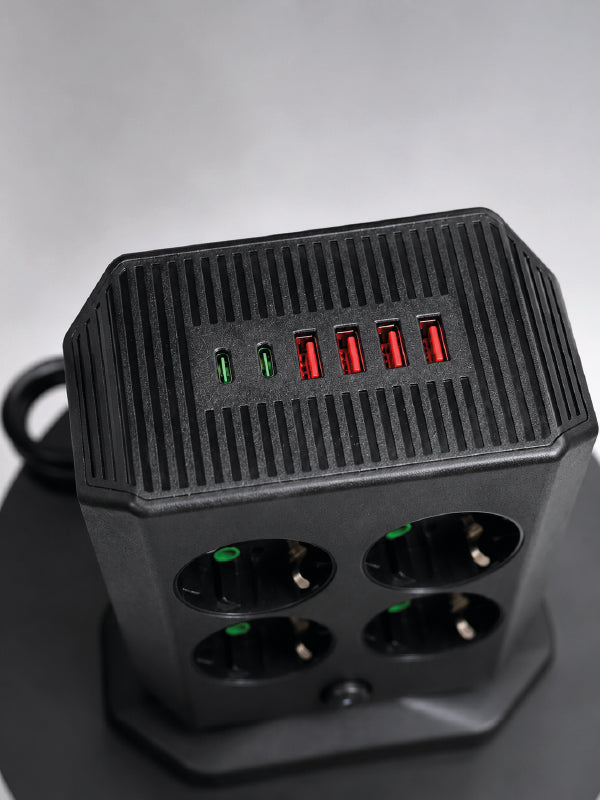 8'li Dikey Çoklu Priz 4 USB 2 Type-C Akım Korumalı Anahtarlı Priz