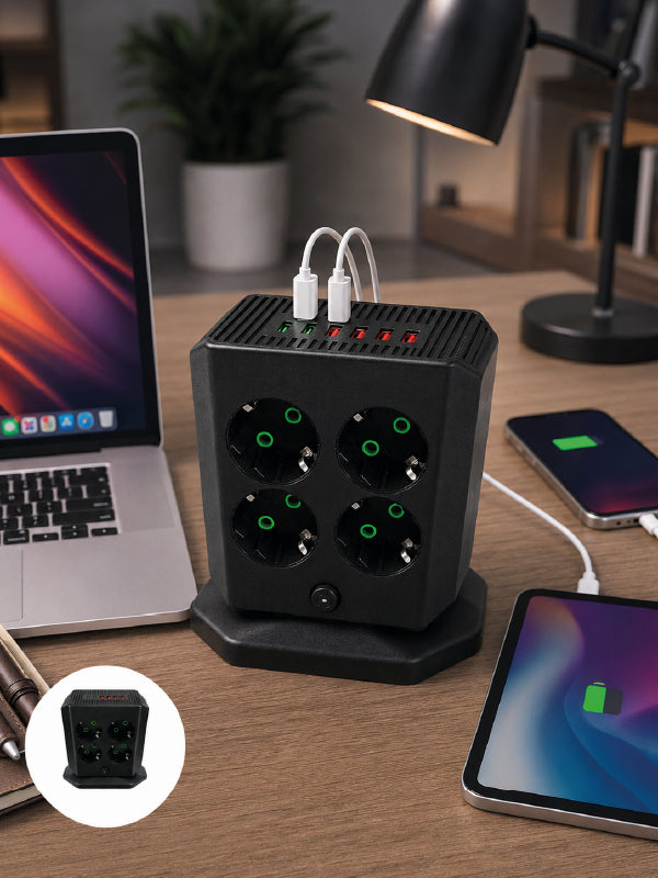 8'li Dikey Çoklu Priz 4 USB 2 Type-C Akım Korumalı Anahtarlı Priz