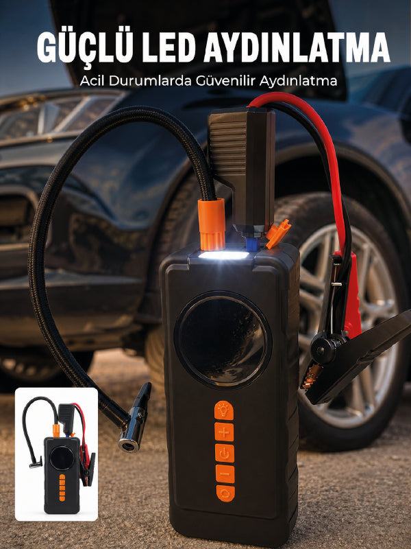 10000mAh Şarjlı Araç Kompresörü Akü Takviye Cihazı Powerbank Özellikli Dijital Lastik Şişirme Pompası
