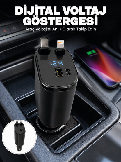 4 Cihazı Aynı Anda Şarj Eden Araç Şarj Cihazı USB-A, USB-C, Type-C ve Lightning Destekli
