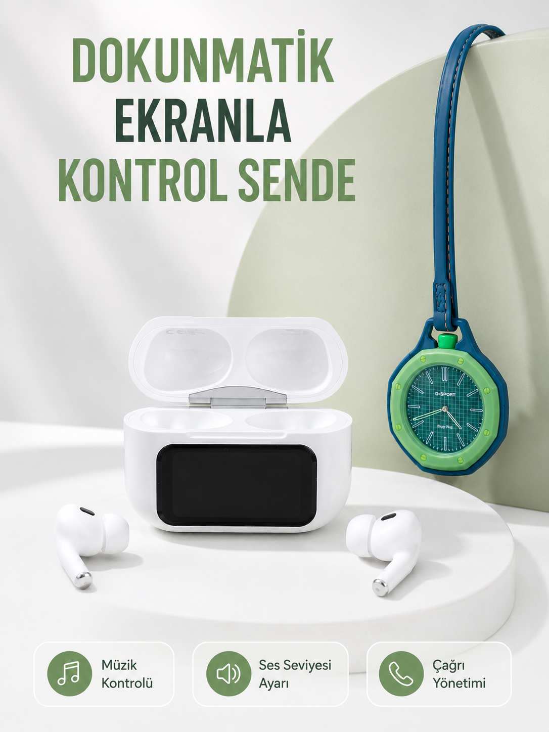 Bluetooth 5.4 Kablosuz Kulaklık Yeşil Askılı Analog Charm Saat İkili Set