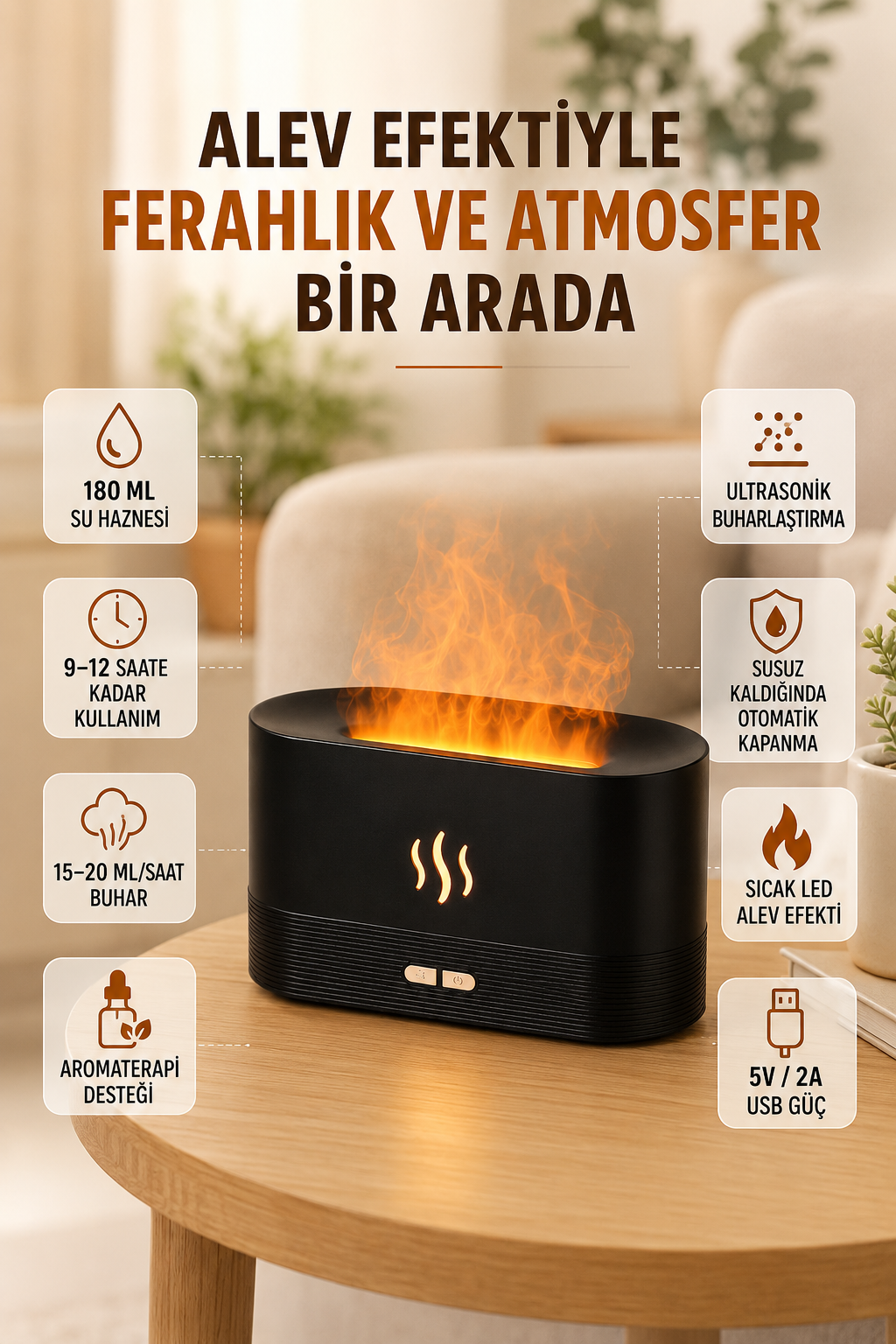 Alev Efektli Aroma Difüzörü Uçucu Yağ Destekli USB Hava Nemlendirici